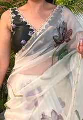 Preferable Soft Organza Off  White Color Designer Saree